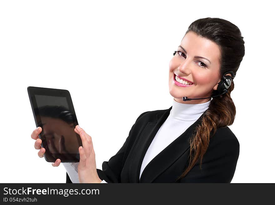 Young beautiful happy business woman with tablet on white