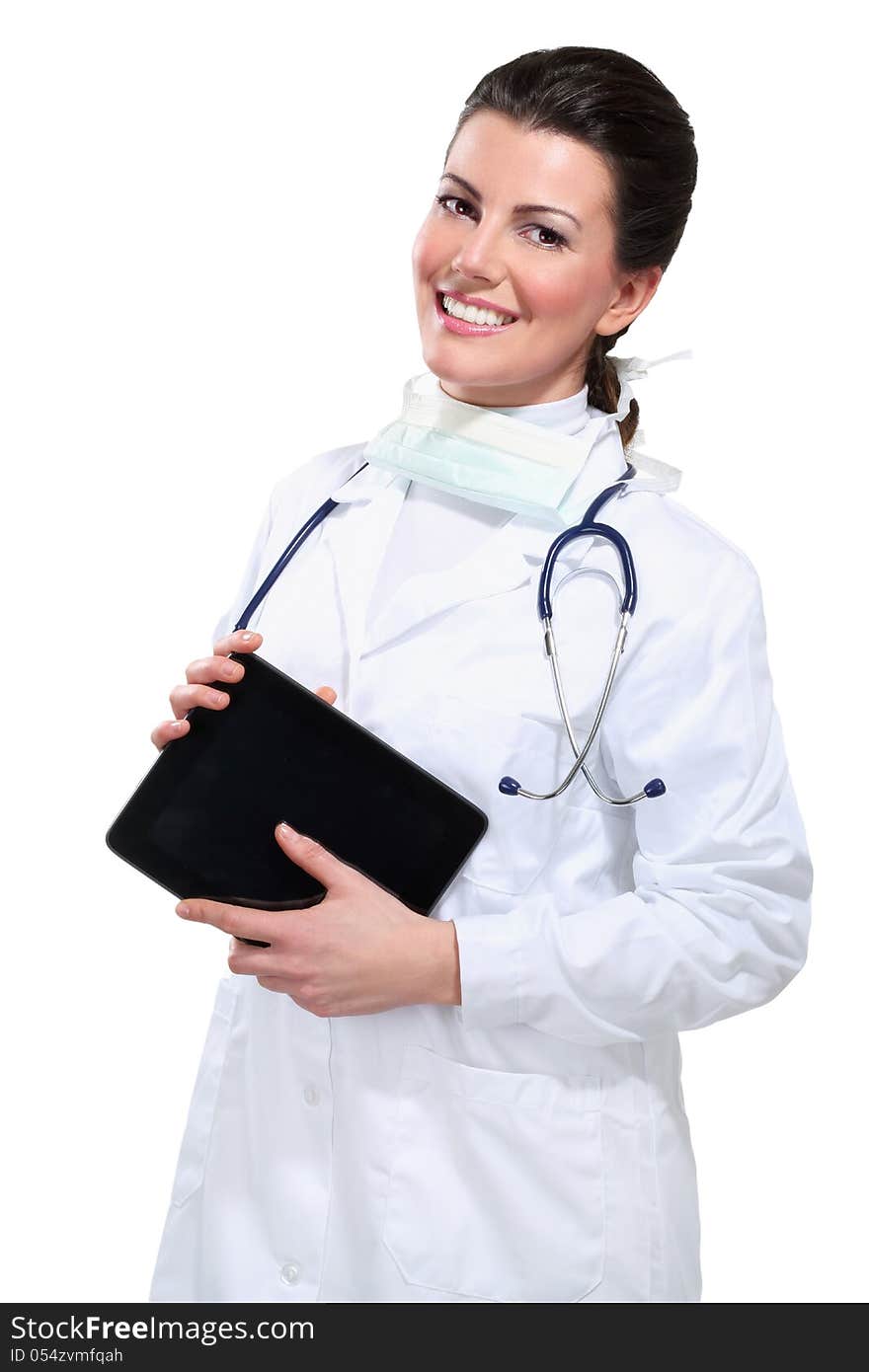 Young beautiful  woman doctor with tablet