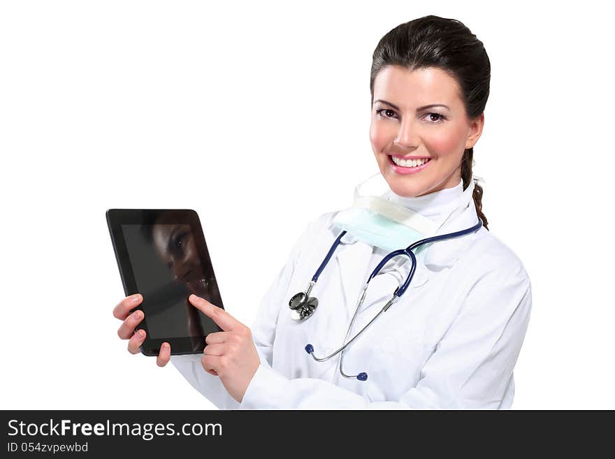 Young beautiful woman doctor with tablet on white. Young beautiful woman doctor with tablet on white