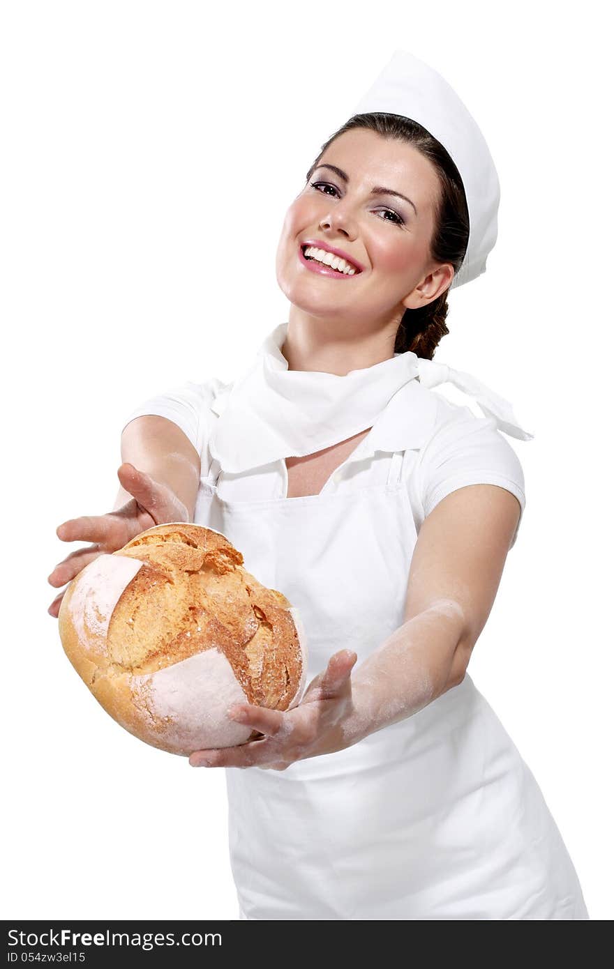 Young beautiful woman baker on white. Young beautiful woman baker on white