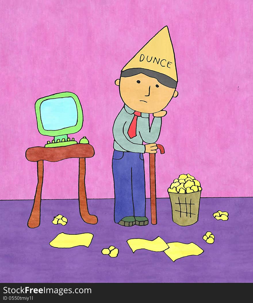 A business man with a dunce hat with scattered papers on the floor. A business man with a dunce hat with scattered papers on the floor