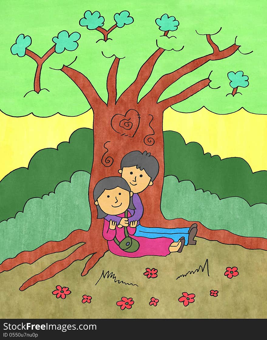 A cartoon couple sitting and hugging under the shade of a tree