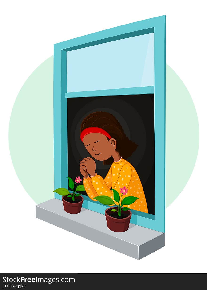 African girl praying in the window. suitable for children-religious artwork