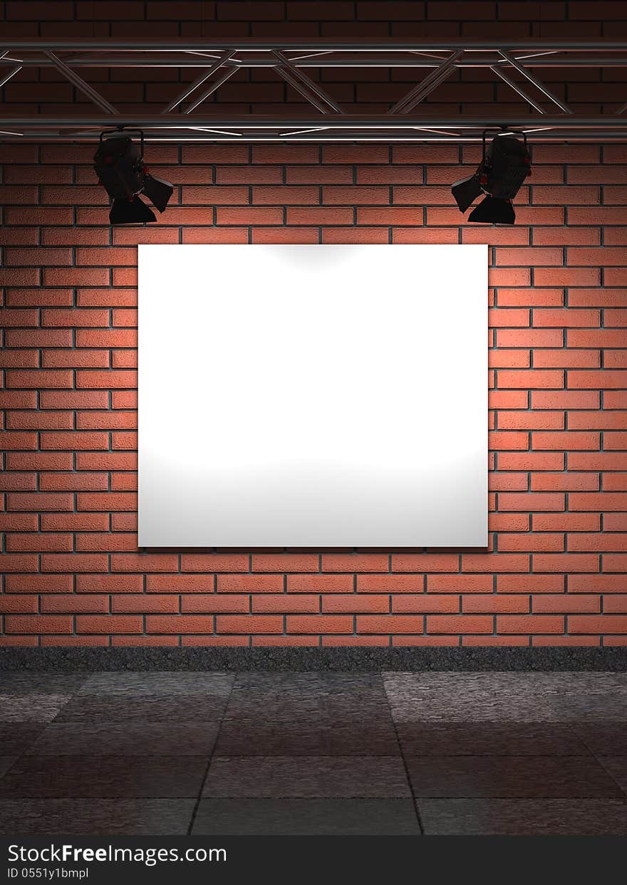 Empty Frame on Bricks Wall. Gallery Interior.  3D Render.