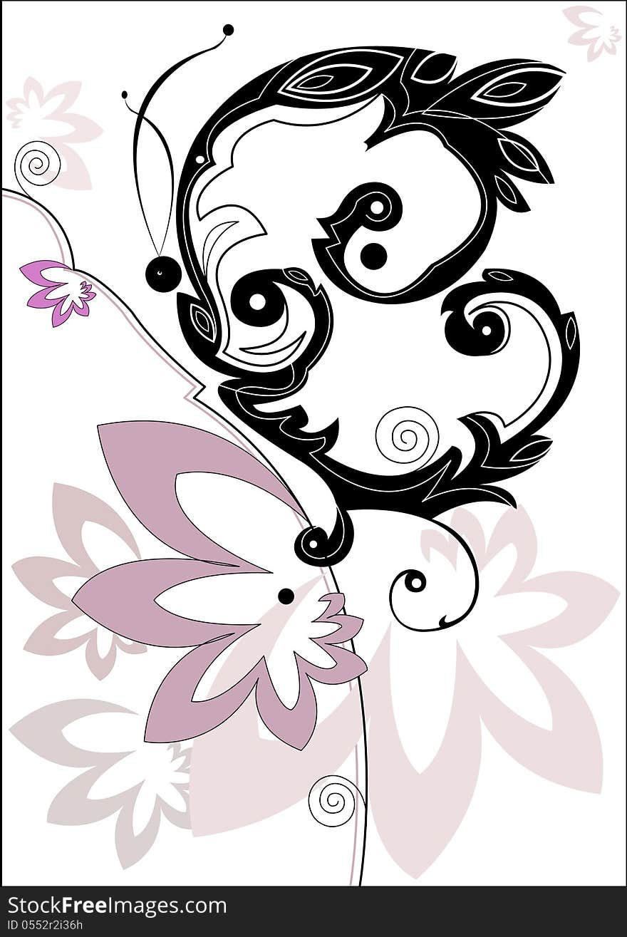 Decorative black butterfly on decorative pink flower on white background. Decorative black butterfly on decorative pink flower on white background