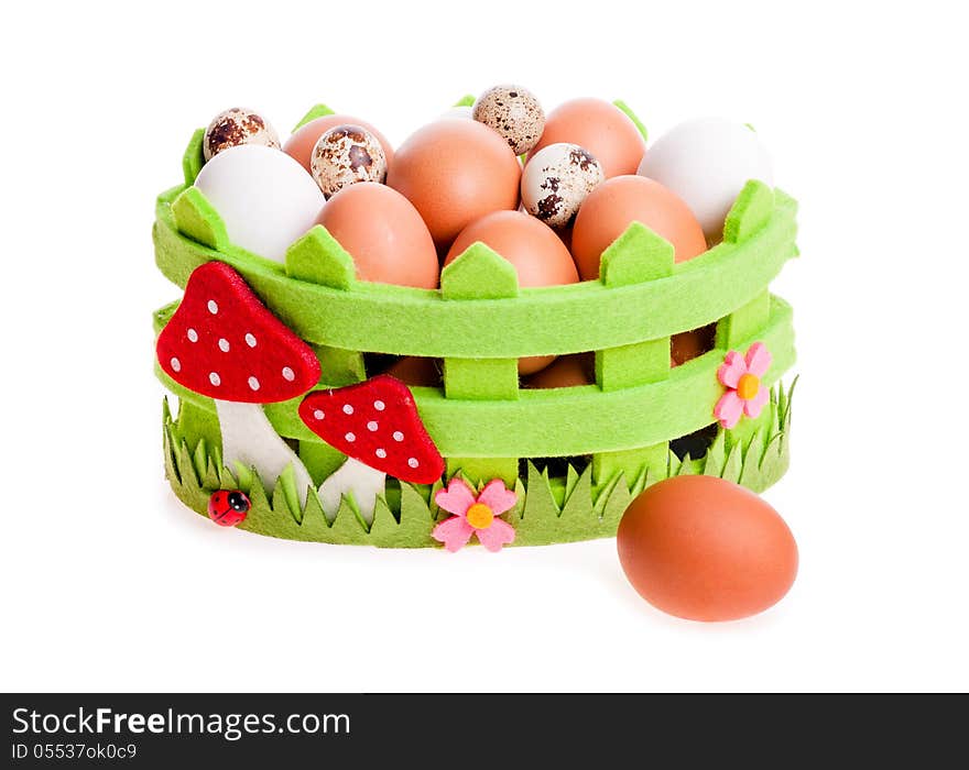 Quail eggs and chicken in green decorative basket