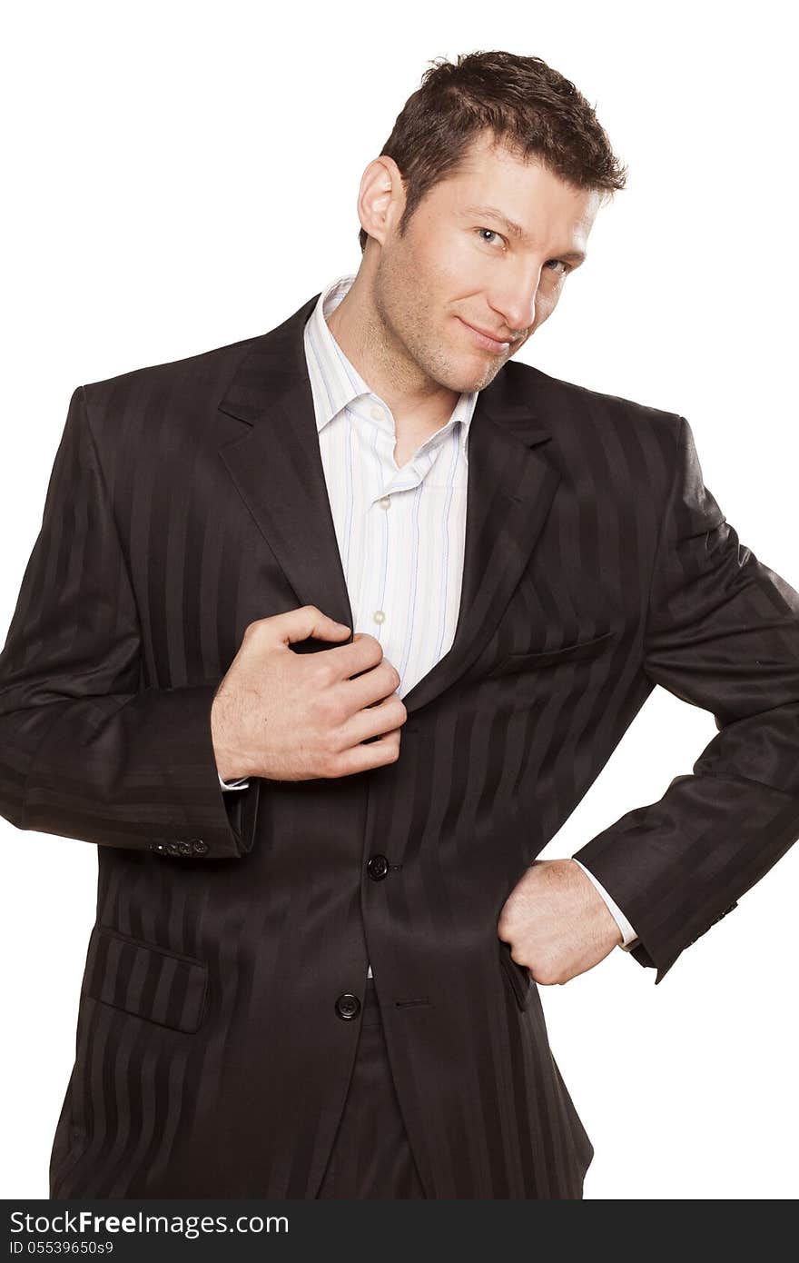 Portrait of a businessman smiling, on white background