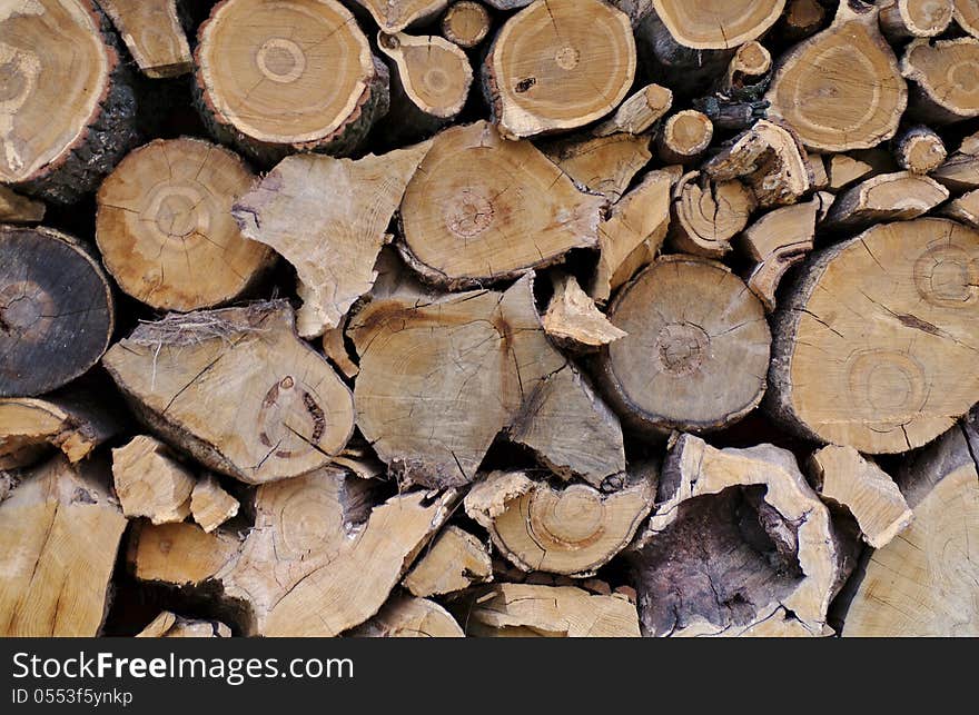 Background of Neatly Stacked Firewood Logs closeup outdoors. Background of Neatly Stacked Firewood Logs closeup outdoors