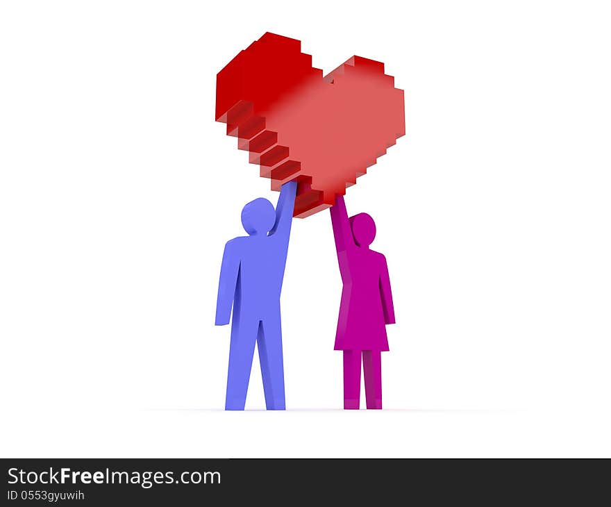 Male and female figures holding heart. Concept 3D illustration.