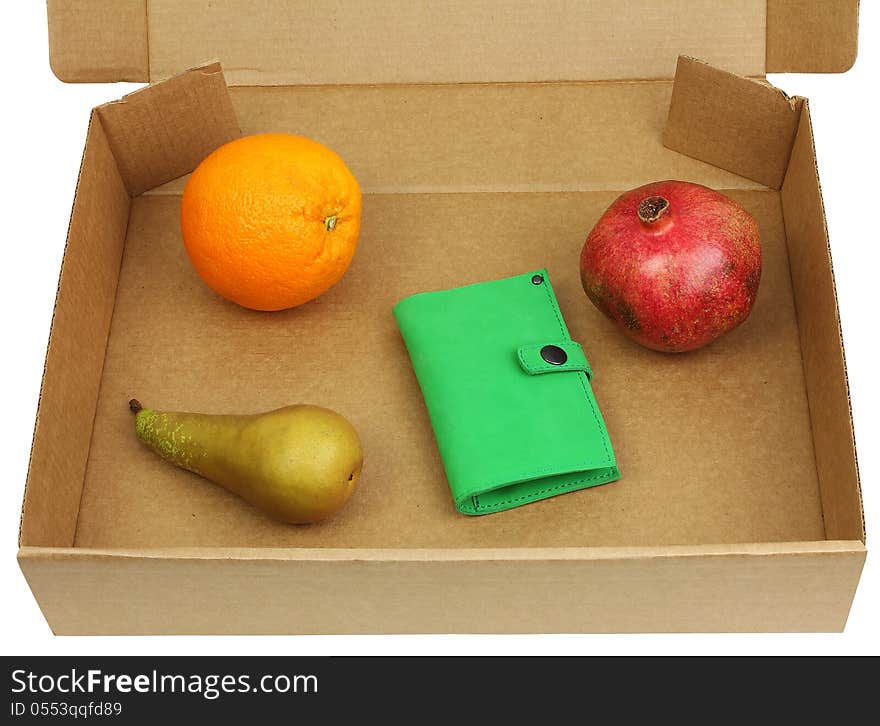 Pomegranate, pear, orange and green wallet in a box