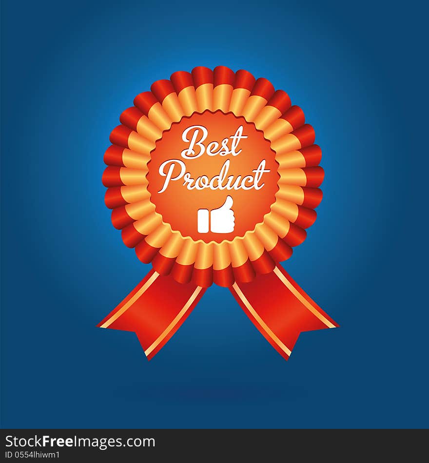 Beautiful, eye-catching golden-red vector badge best product with ribbons and like icon on a blue background. Beautiful, eye-catching golden-red vector badge best product with ribbons and like icon on a blue background