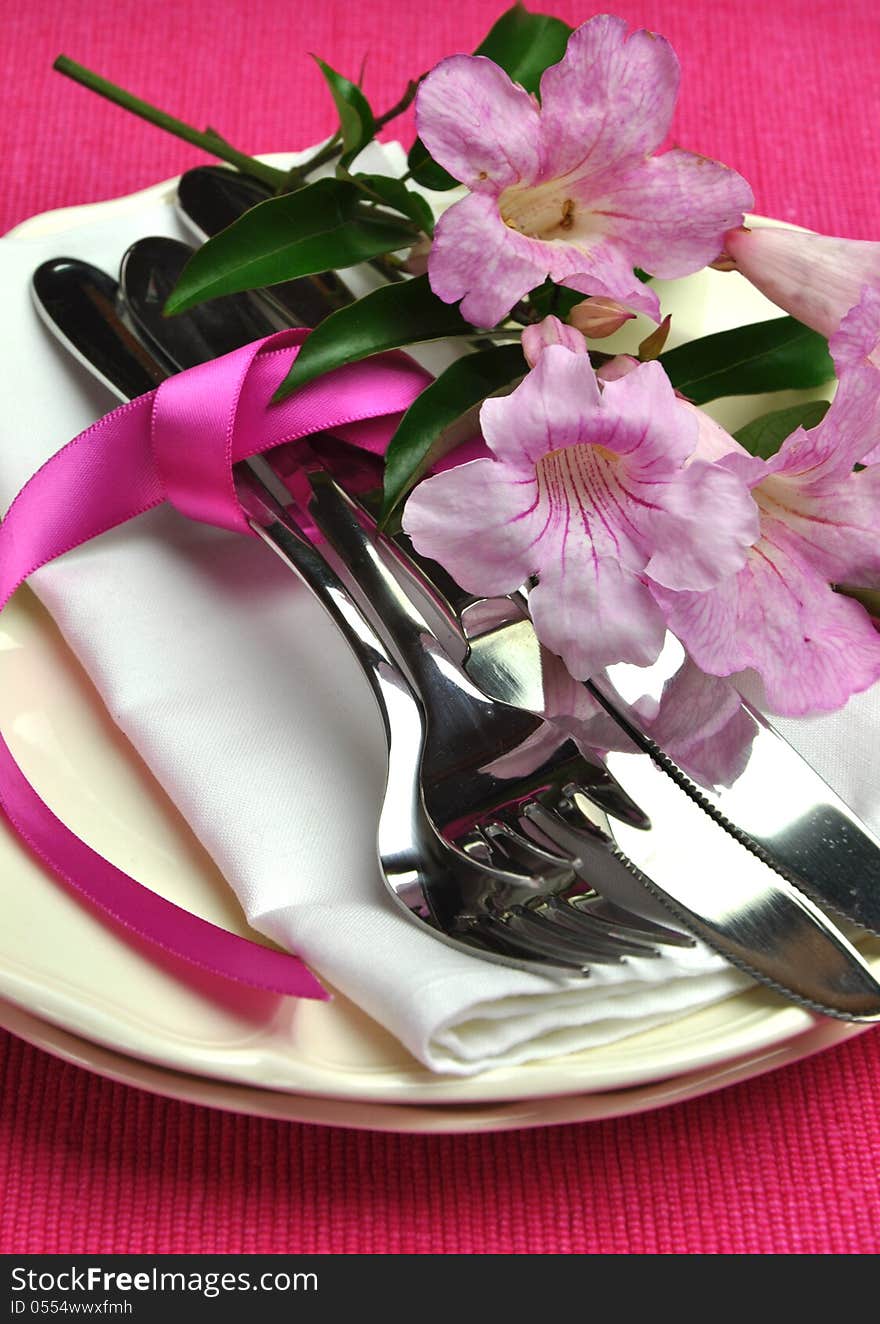 Pink Dinner Table Setting For Easter Or Special Occasion.