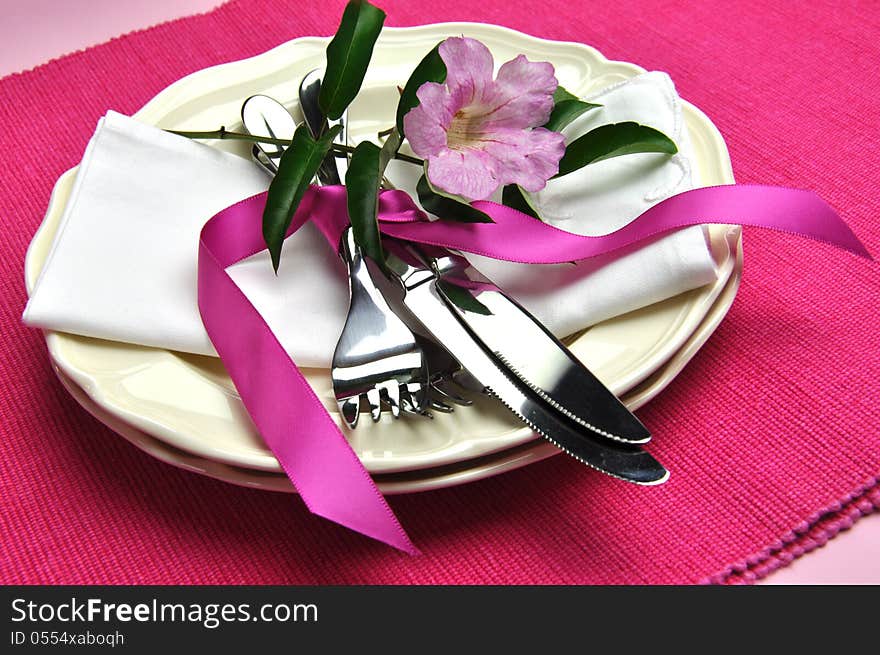 Pink Dinner Table Setting For Easter Or Special Occasion. Horizonal.