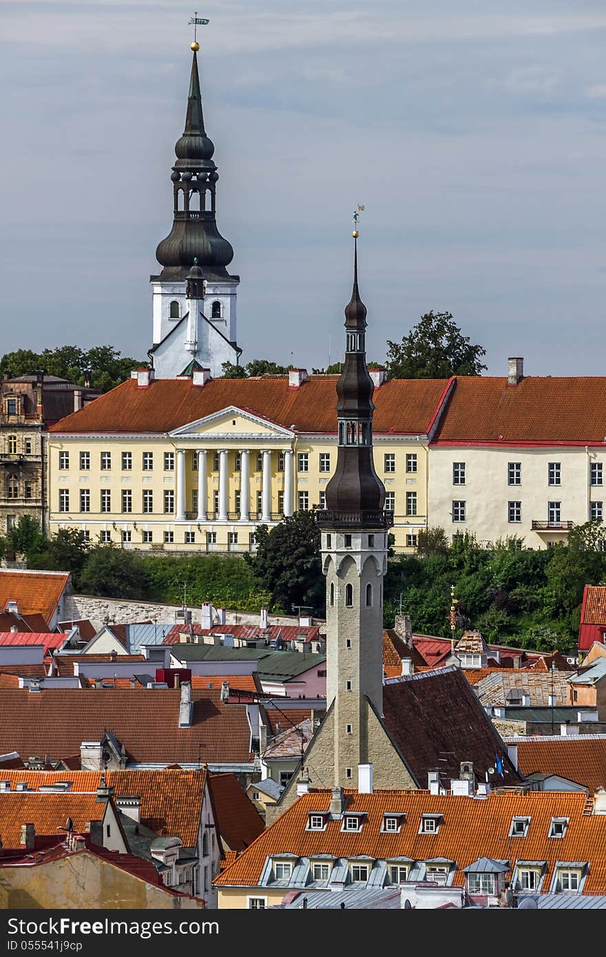 Town Hall, von Kaulbars Palace and St Mary's Cathedral in the Old Town of Tallinn, capital of Estonia