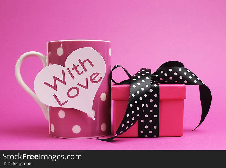 Pink polka dot mug, with heart shape, with love, message and polka dot gift.