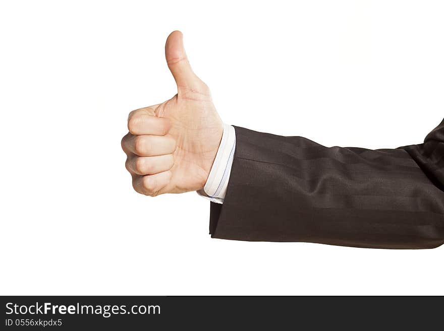 Strong male hand of businessman showing thumbs up on white background