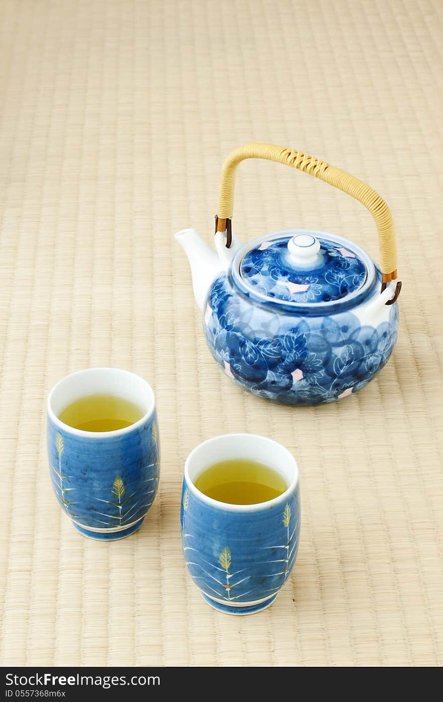 Green tea in a bowl on a tatami floor