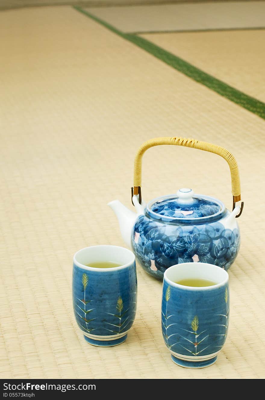 Green tea in a bowl on a tatami floor