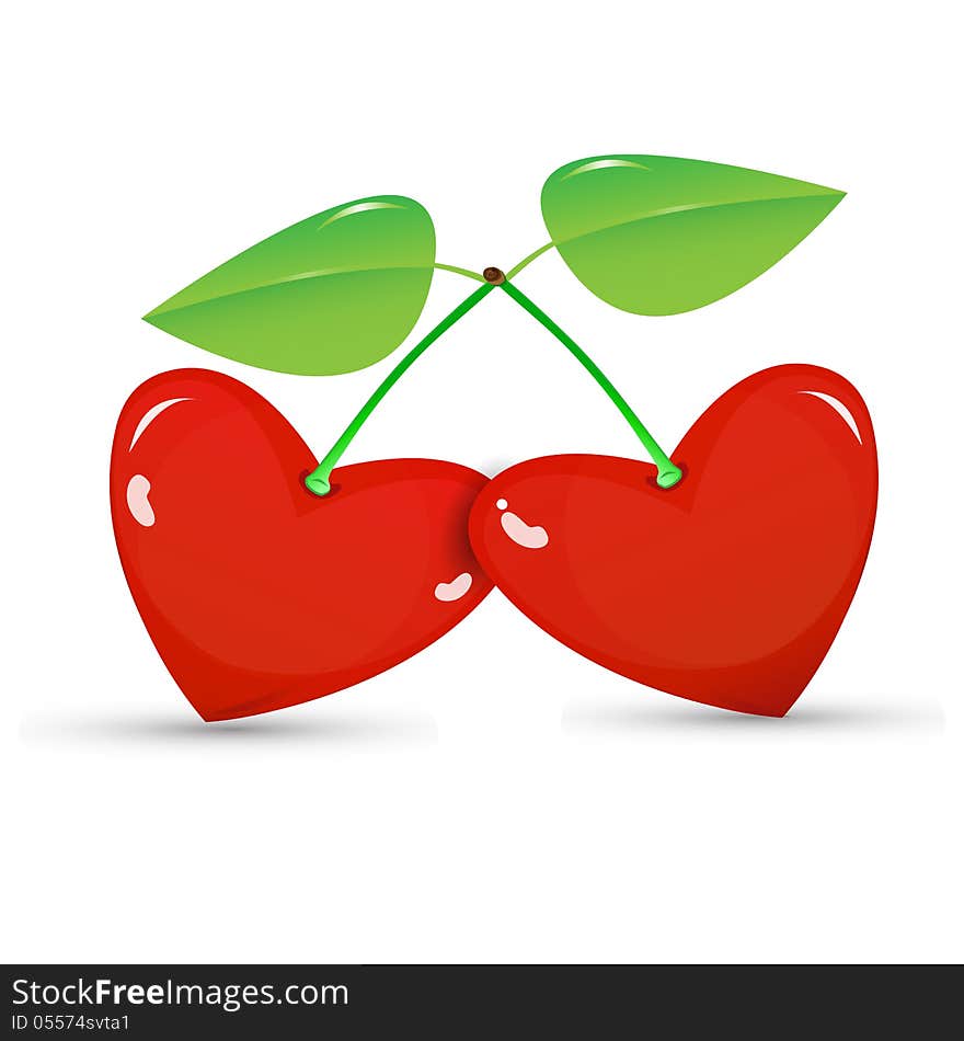 Two red cherries in a heart shape