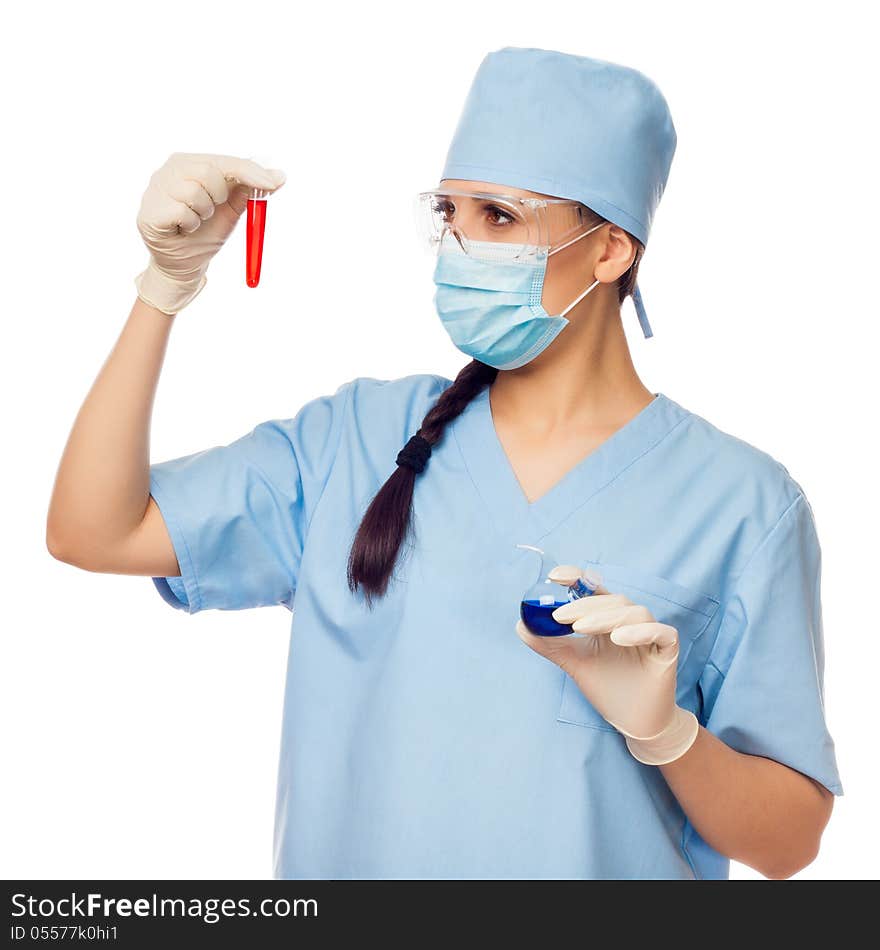 Woman doctor with red flask in their hands, isolated white background