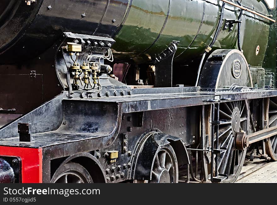 Close up of steam train wheels