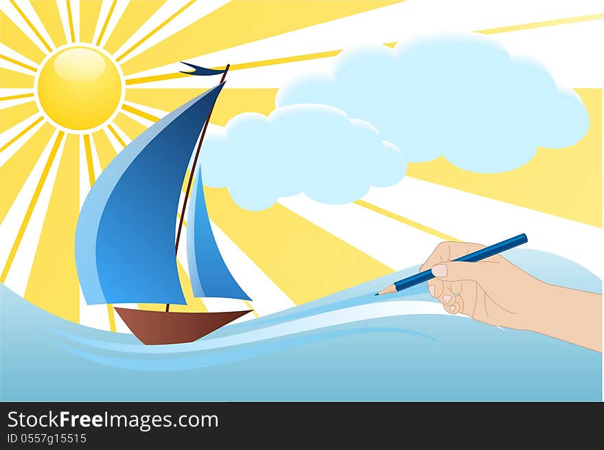 Hand draws a sea, waves and sailboat. Hand draws a sea, waves and sailboat