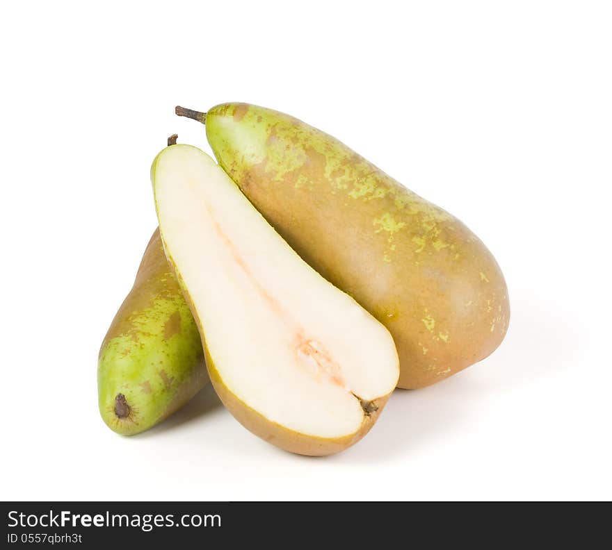 Pears. One sliced pear slices, another whole. Isolated on white background.