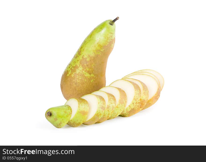 Pears. One sliced pear slices, another whole. Isolated on white background.