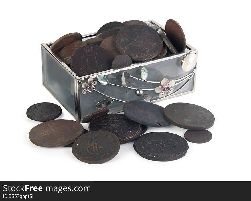 Old coins of Russian Empire. Chest with coins. Isolated on white background. Clipping path.