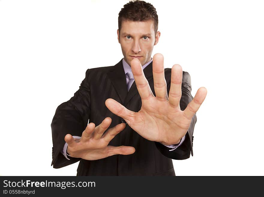 Business Man With Stop Hands Up On White Background