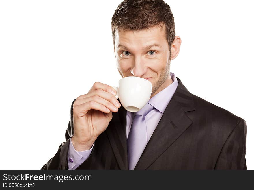 Smiling Businessman with Coffee Cup on White Background