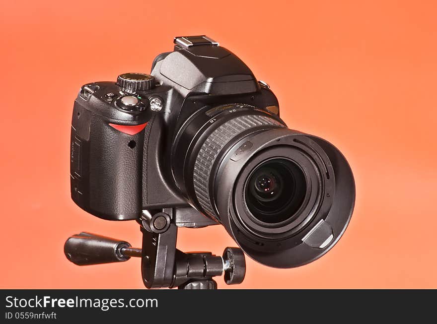 Digital single-lens reflex camera on a tripod