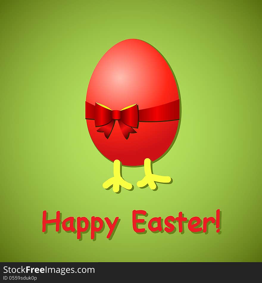 Easter green background with red egg and bow. Easter green background with red egg and bow