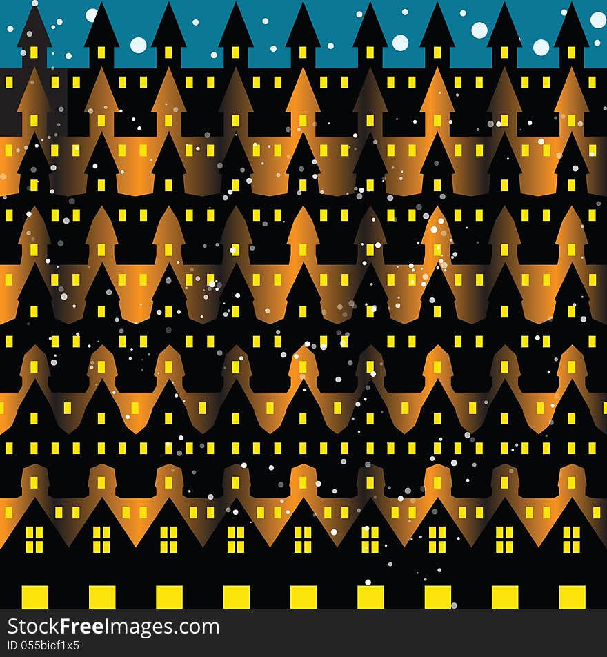 Seamless pattern with retro styled houses. Cold winter night. Warm light from every window.