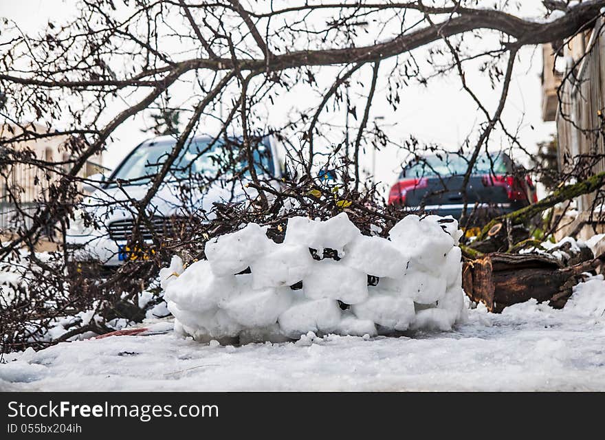 Fireplace made from snow after first snowfall in Jerusalem. Fireplace made from snow after first snowfall in Jerusalem