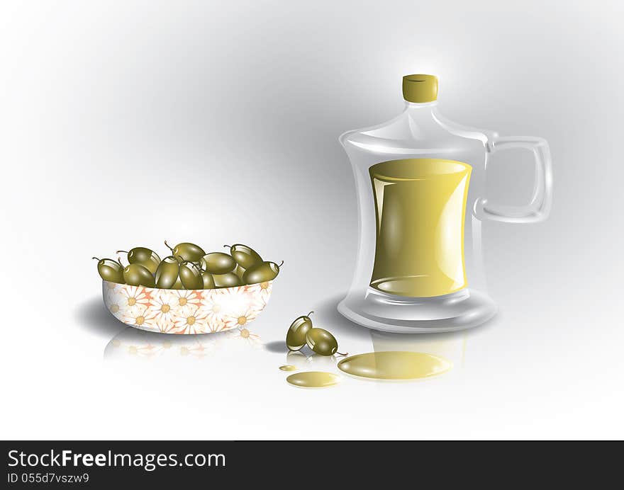 Green olives and bottle of olive oil