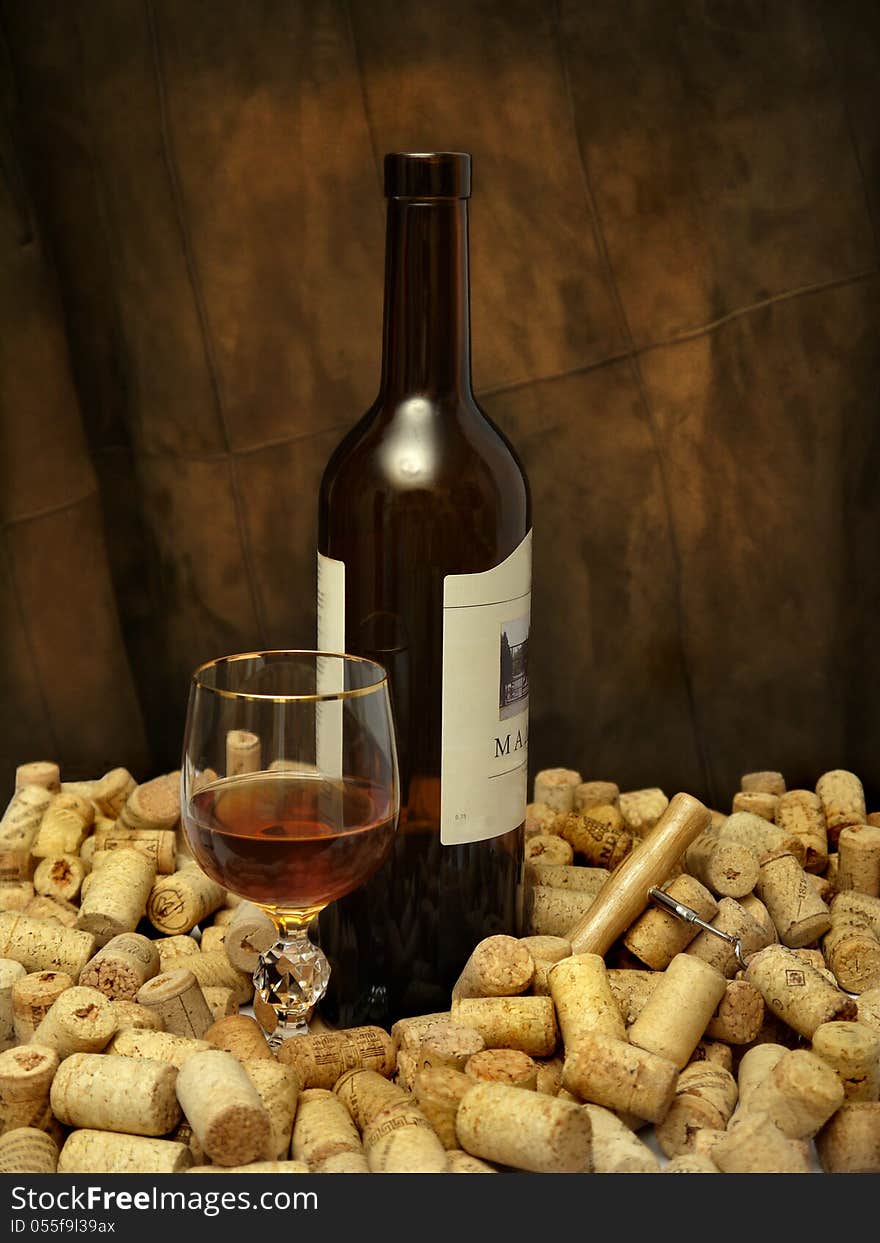 A Glass Of Wine, A Bottle, A Corkscrew And Many Corks