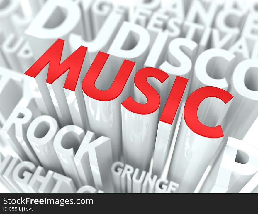 Music Concept. The Word of Red Color Located over Text of White Color.