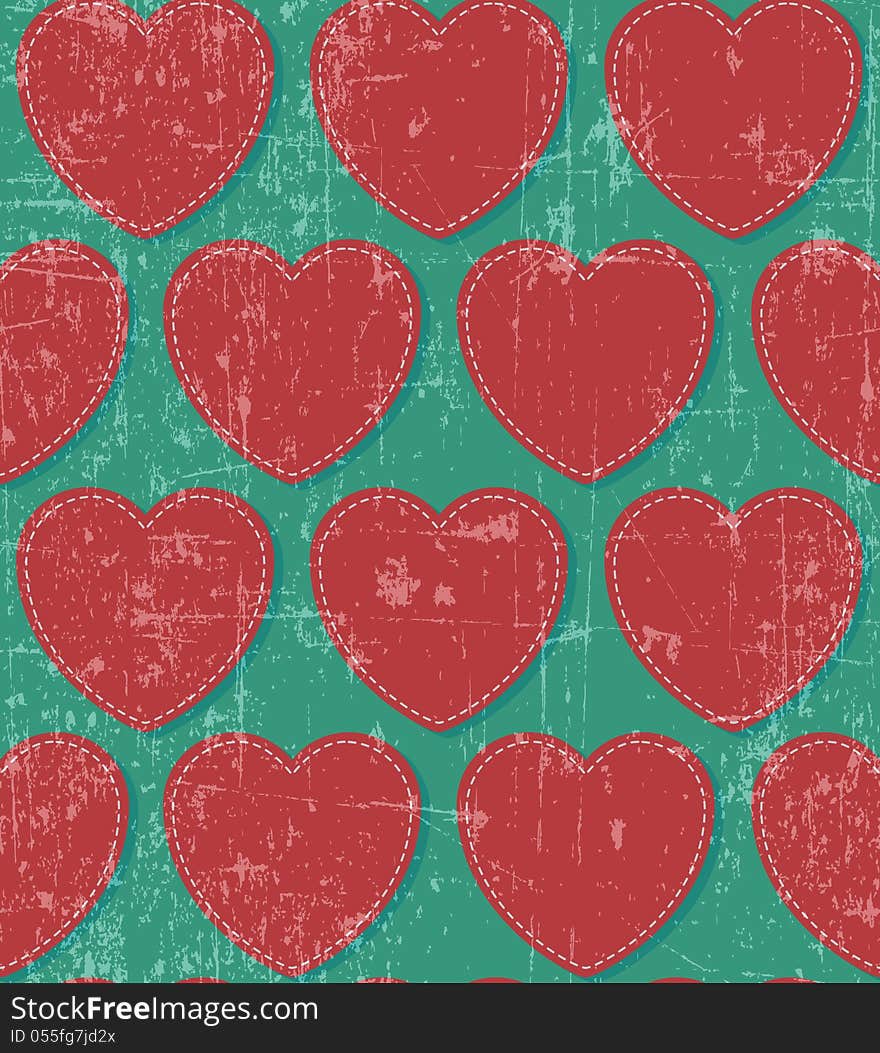 Retro red hearts on grunge background, seamless pattern. Retro red hearts on grunge background, seamless pattern