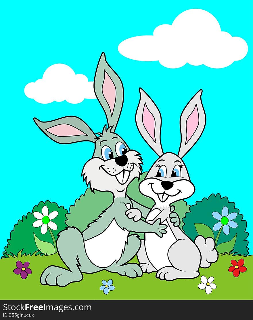 Simple cartoon illustration of two cute rabbits in love.