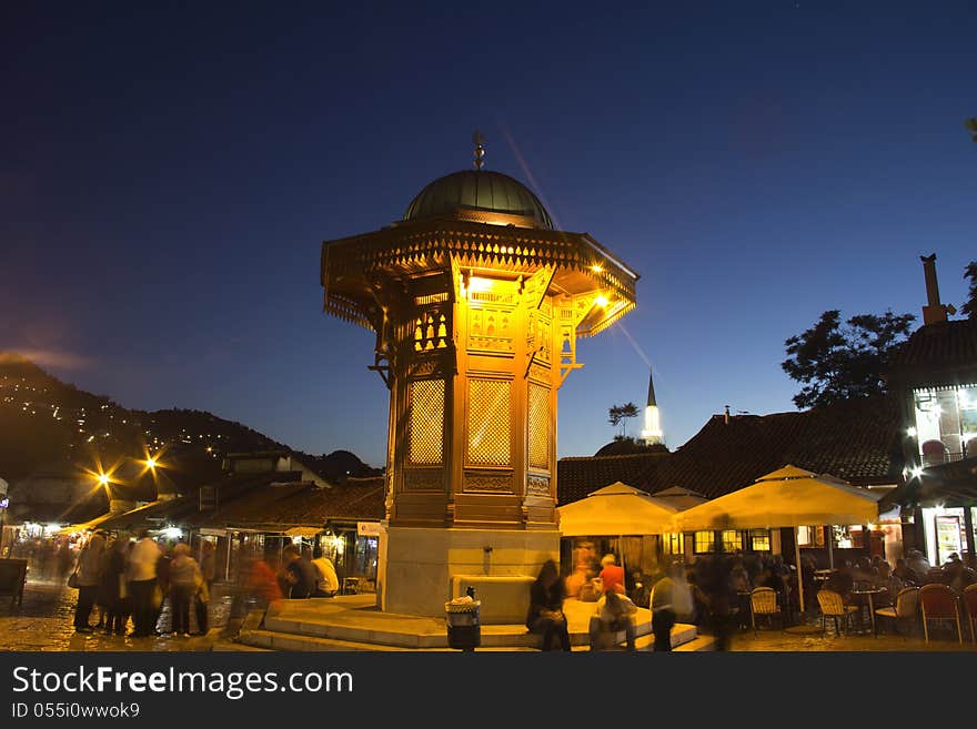 Sarajevo, old town, historical fountain, the capital city of Bosnia and Herzegovina, at dusk