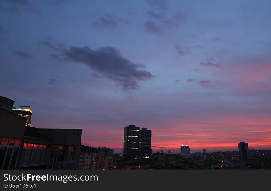 Beautiful sky above city view during sunset in Istanbul, Turkey