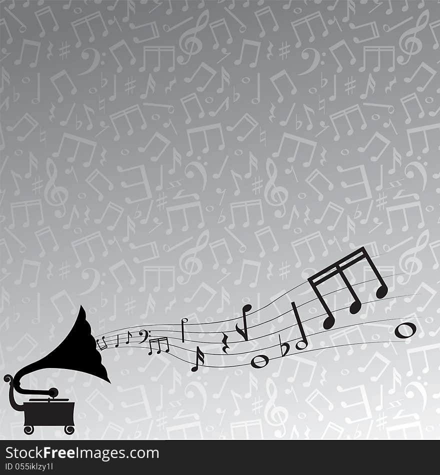 Gramophone and melody, gray background
