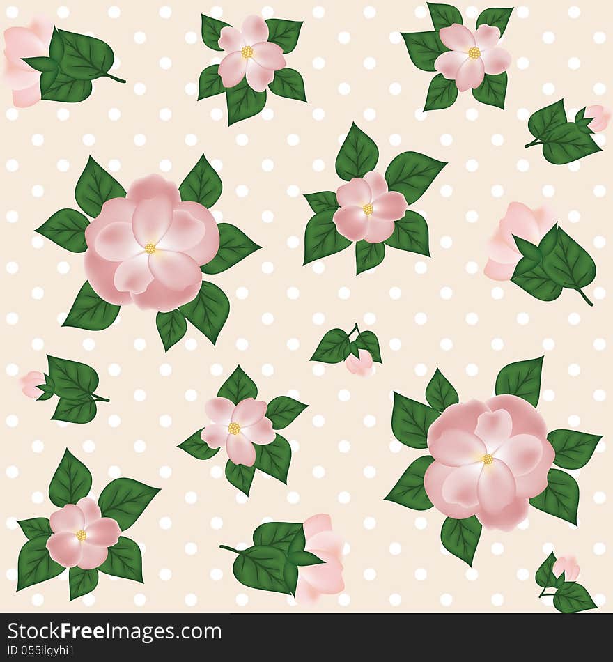 Pink roses and polka dots seamless background. Pink roses and polka dots seamless background