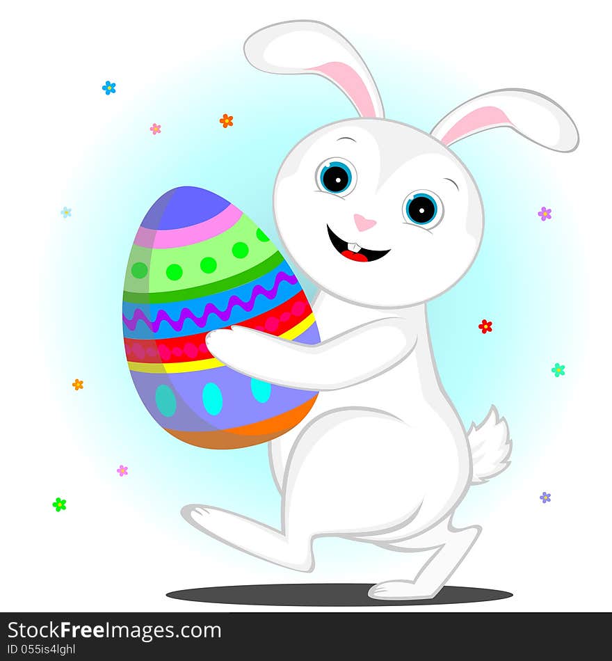 Cheerful white rabbit is painted Easter egg. Cheerful white rabbit is painted Easter egg