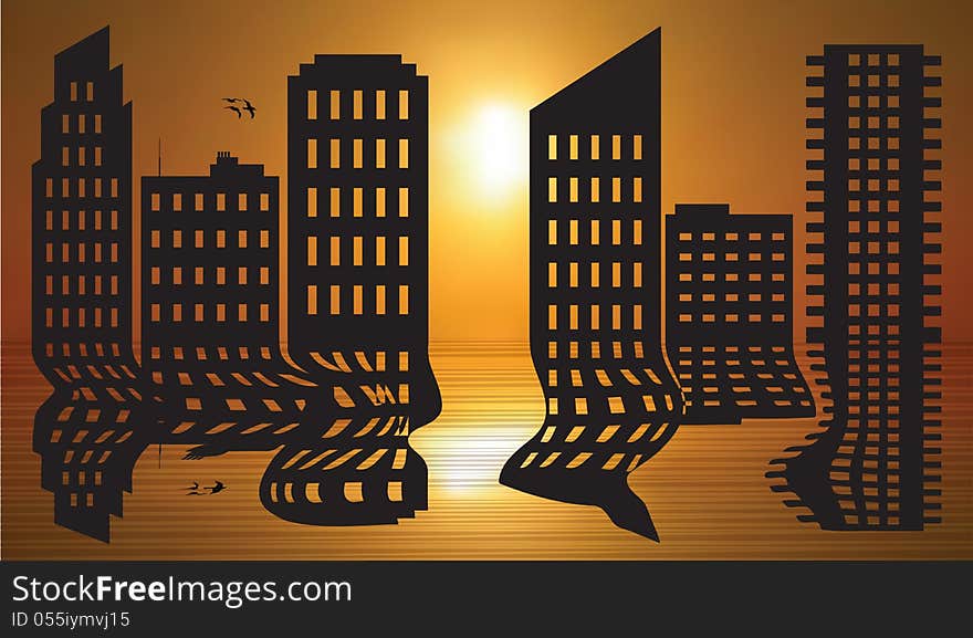 Vector illustration of cityscape at dawn. Vector illustration of cityscape at dawn