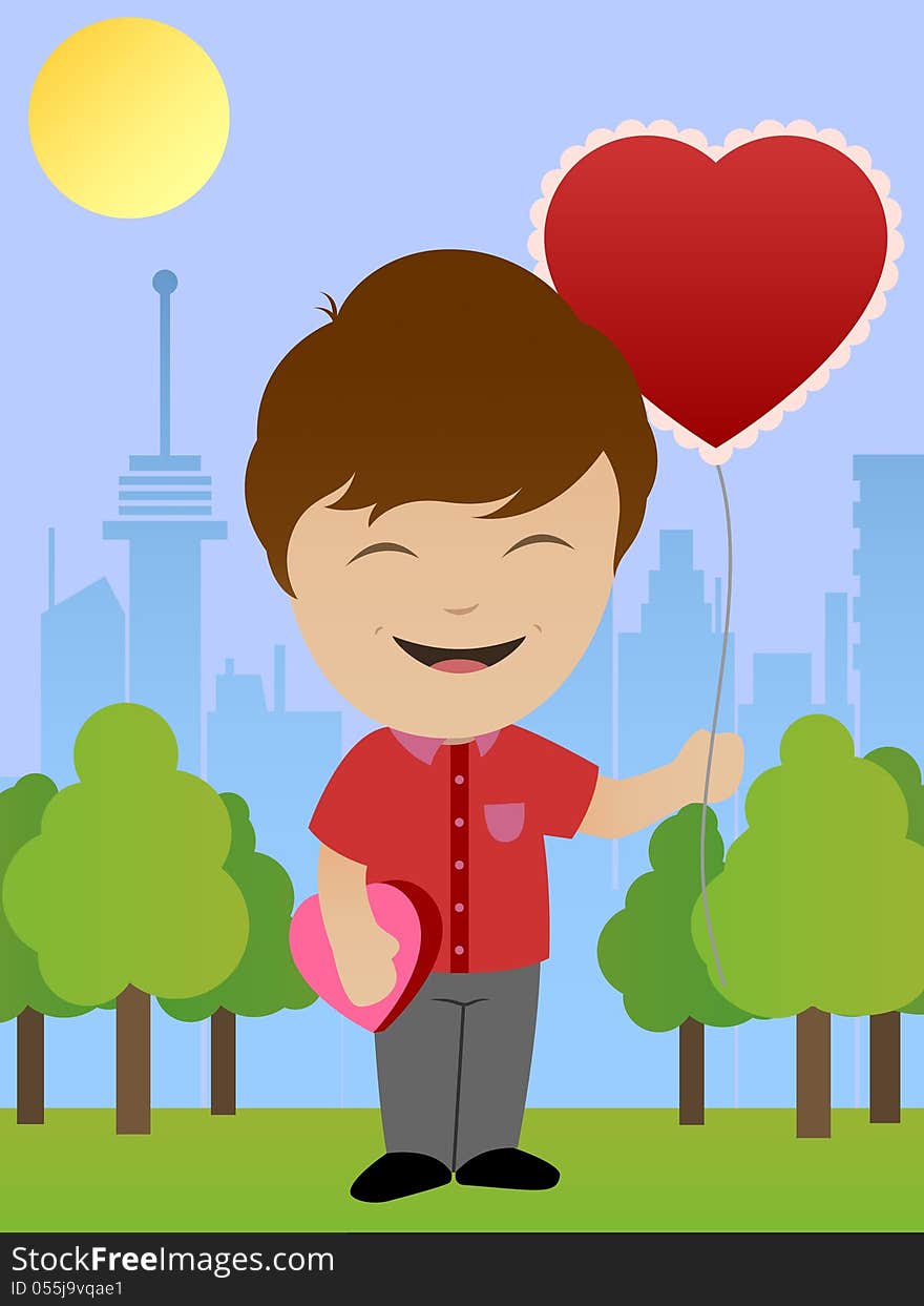 An illustration of a cute boy with a box of valentine chocolates and heart shaped balloon. An illustration of a cute boy with a box of valentine chocolates and heart shaped balloon.