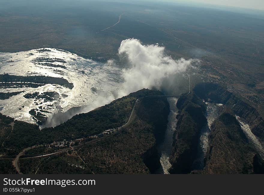 Aerial shot of Victoria Falls taken from a microlight on the border of Zambia and Zimbabwe. Aerial shot of Victoria Falls taken from a microlight on the border of Zambia and Zimbabwe