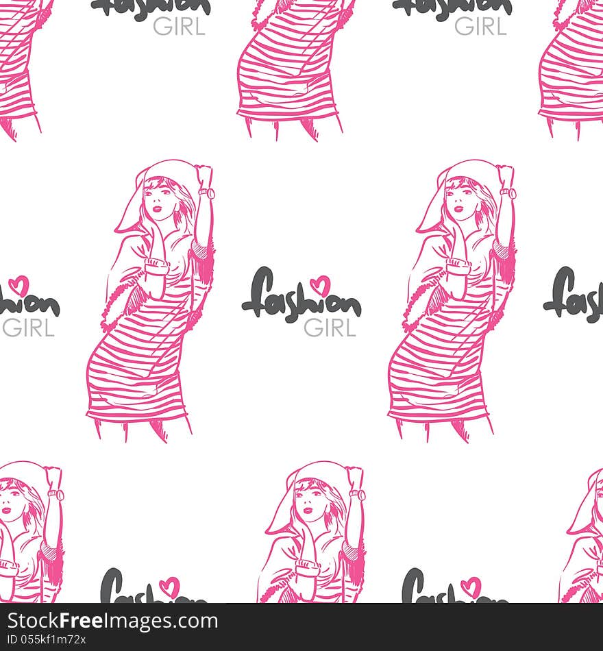 Vector seamless texture with fashion girls in sketch-style. Vector seamless texture with fashion girls in sketch-style