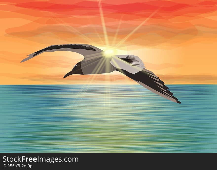 Seagull flying over the sea in front of the sun